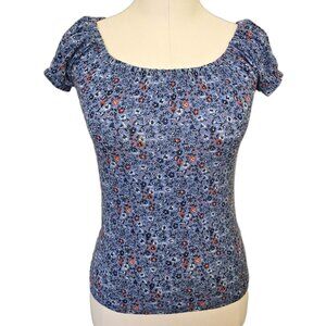 Blue Floral Top Cottage Garden Round Neck Ruffle Sleeves Peasant Blouse Sz S